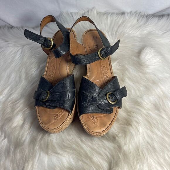 Born Black Leather Buckle Strap Cork Wedge Sandals Sz 9 - Picture 2 of 5